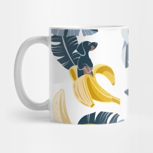 Surrealistic tropical Dachshund bananas // print // pastel blue background navy blue dogs and banana fruit leaves Mug